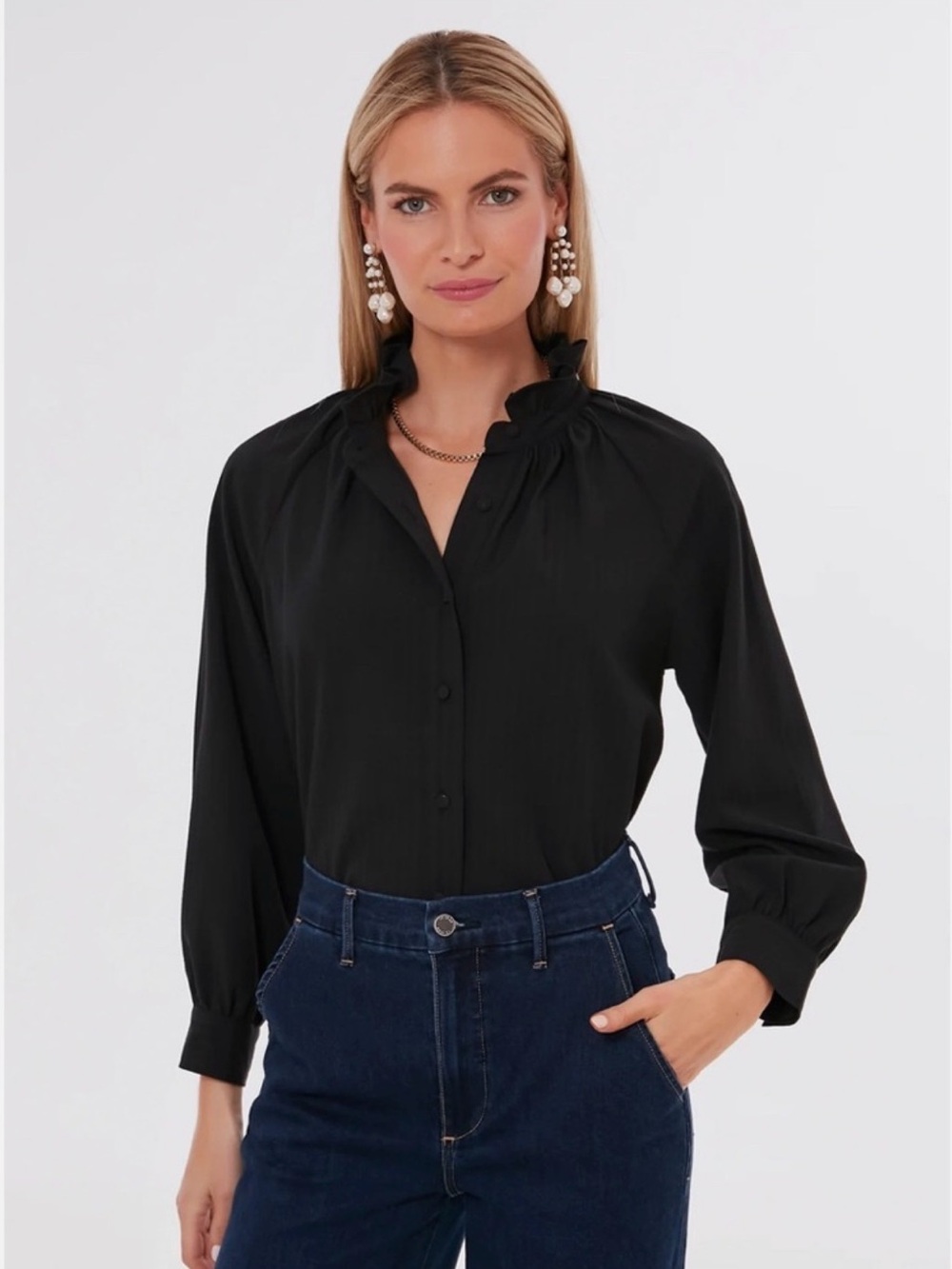Tuckernuck Pomander Place Harlee Seersucker Ruffle Blouse Black Medium